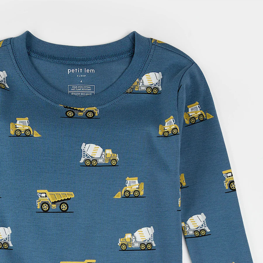 Ensemble pyjama bleu cobalt à imprimé camion de construction