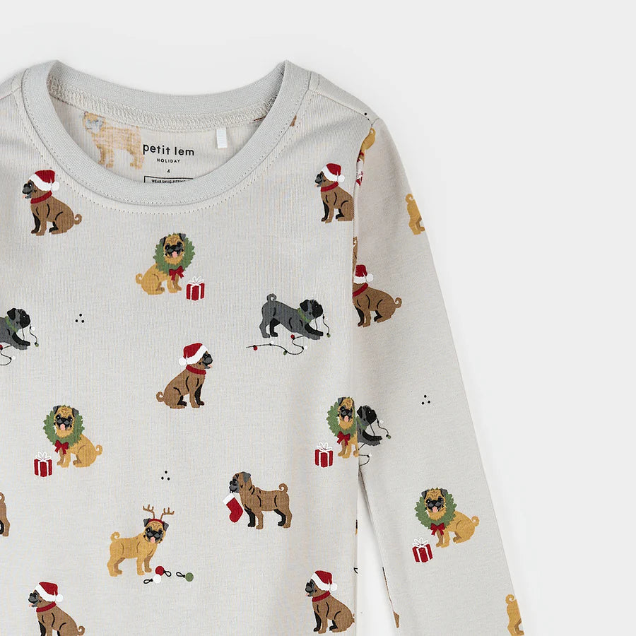 Ensemble pyjama gris clair imprimé carlins des fêtes