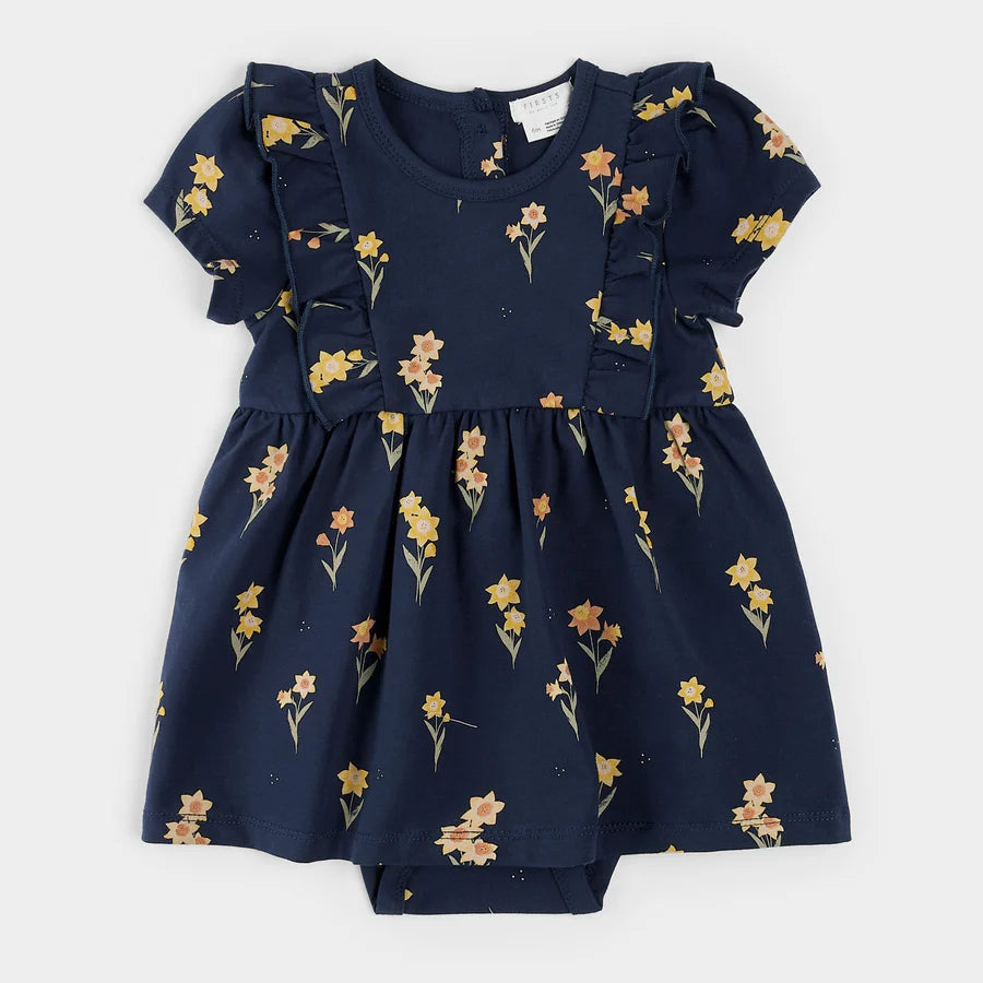 Jonquilles sur robe body bleu marine