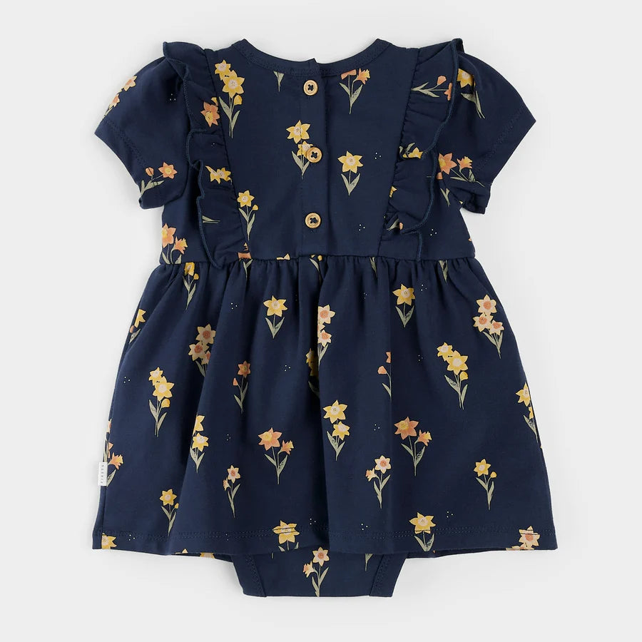 Jonquilles sur robe body bleu marine
