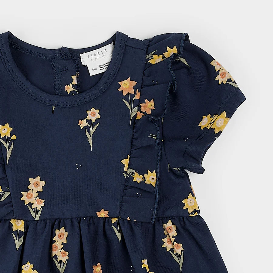 Jonquilles sur robe body bleu marine
