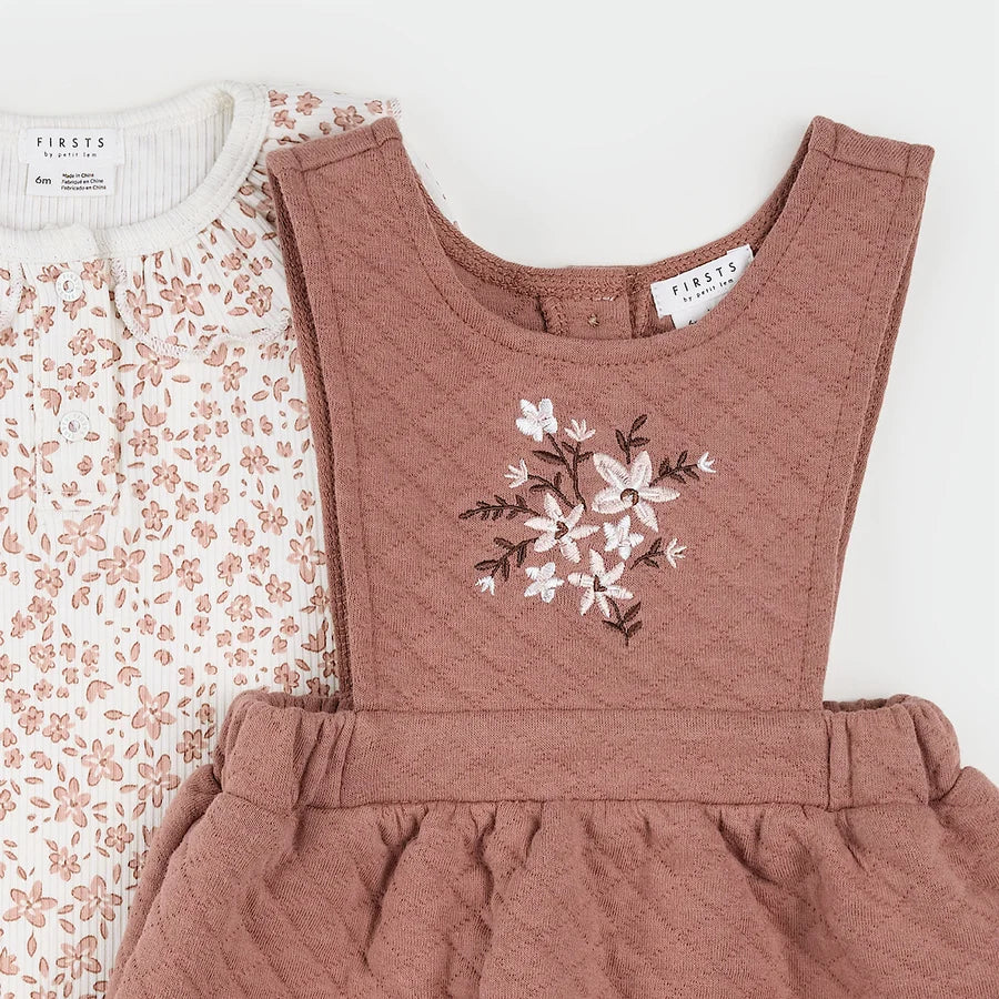 Ensemble robe salopette matelassée terracotta à imprimé floral
