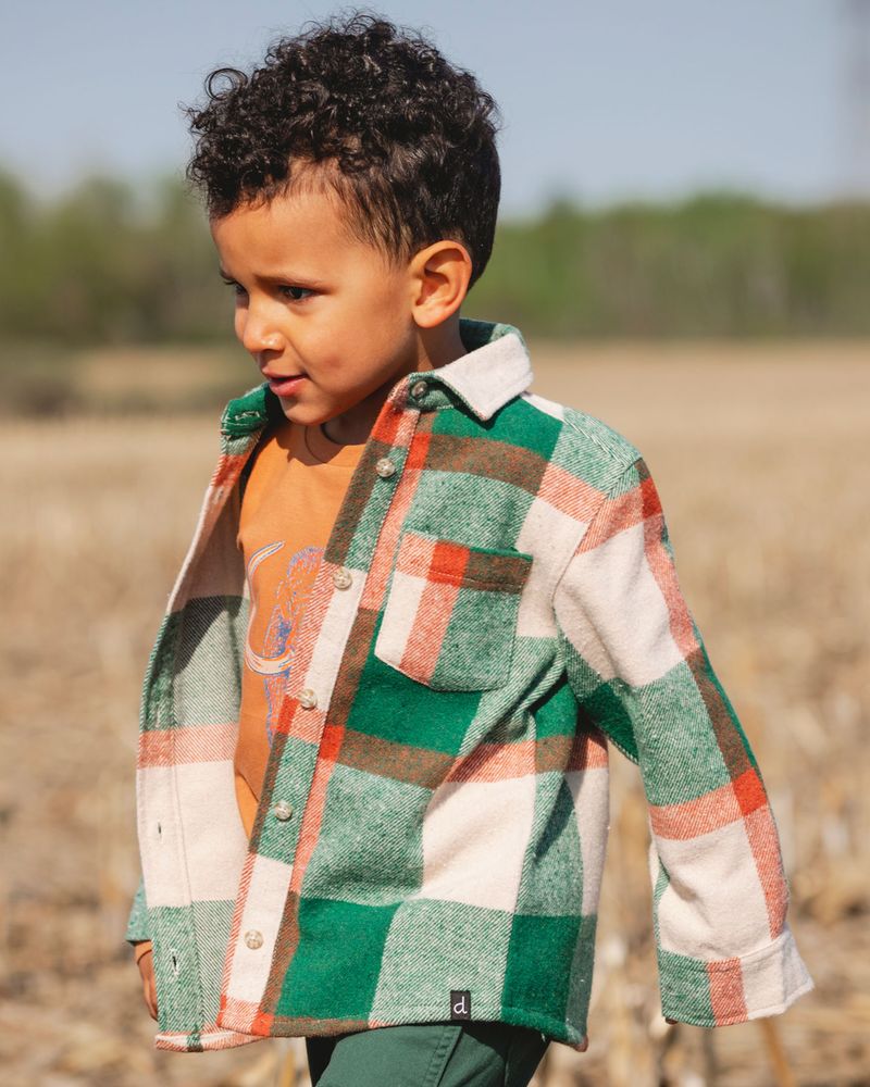 Chemise à carreaux en fils teints à manches longues vert, orange et blanc cassé