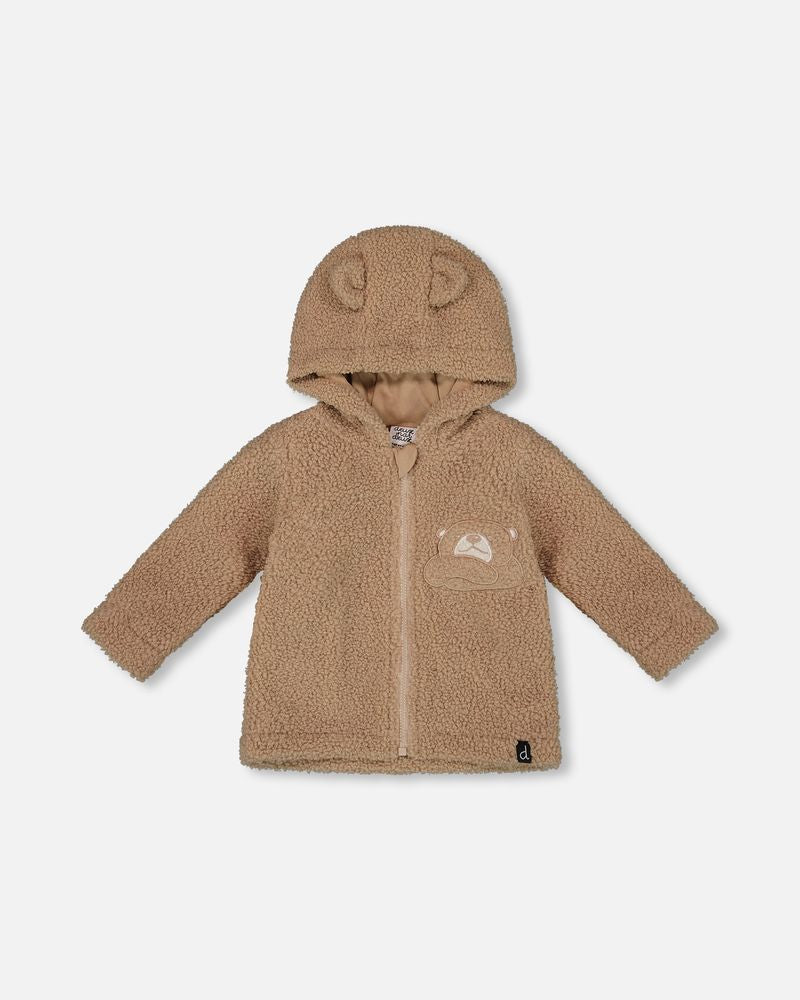Veste ours zippée avec capuchon en sherpa brun