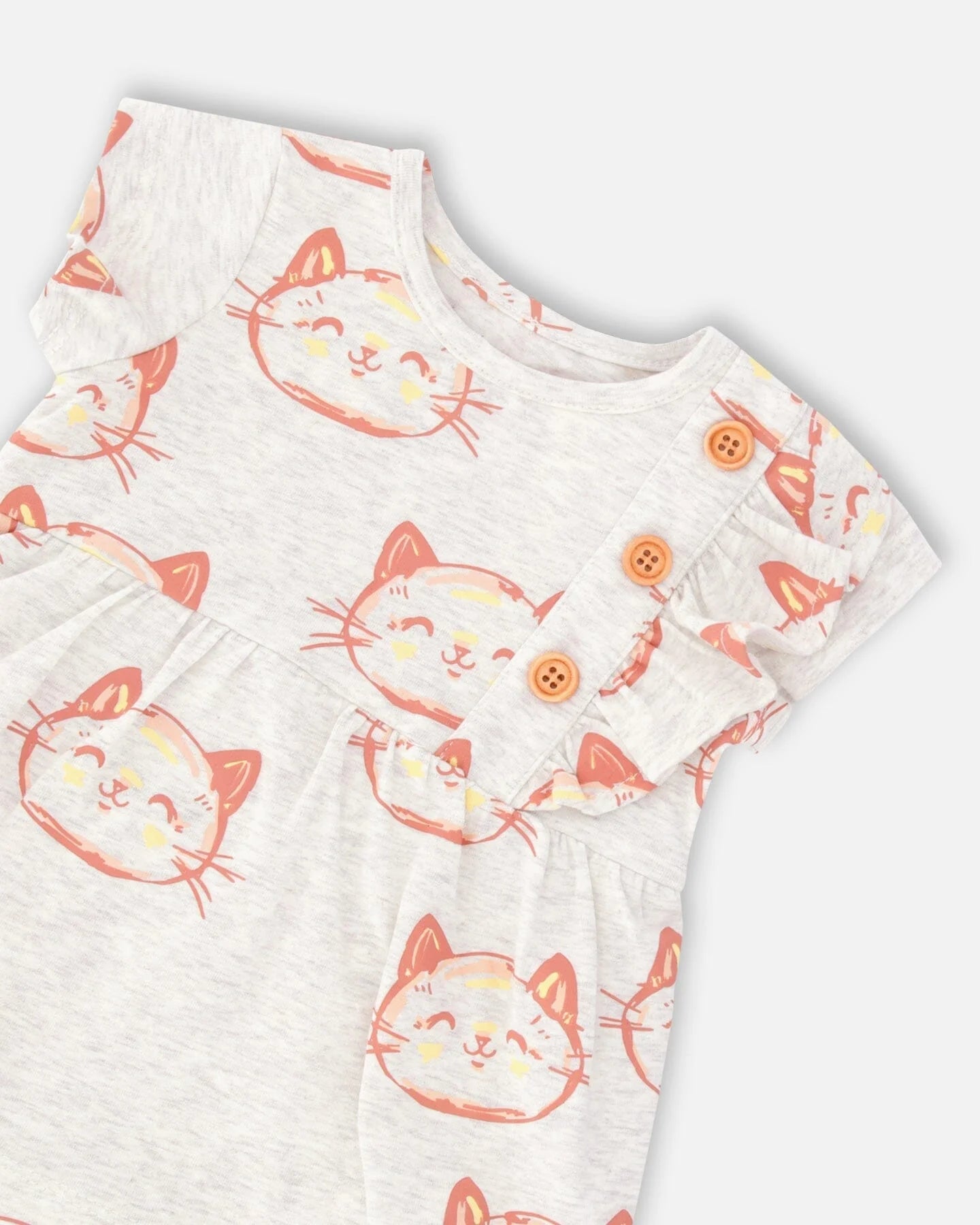 Barboteuse robe beige chiné avec imprimé de chats en coton biologique