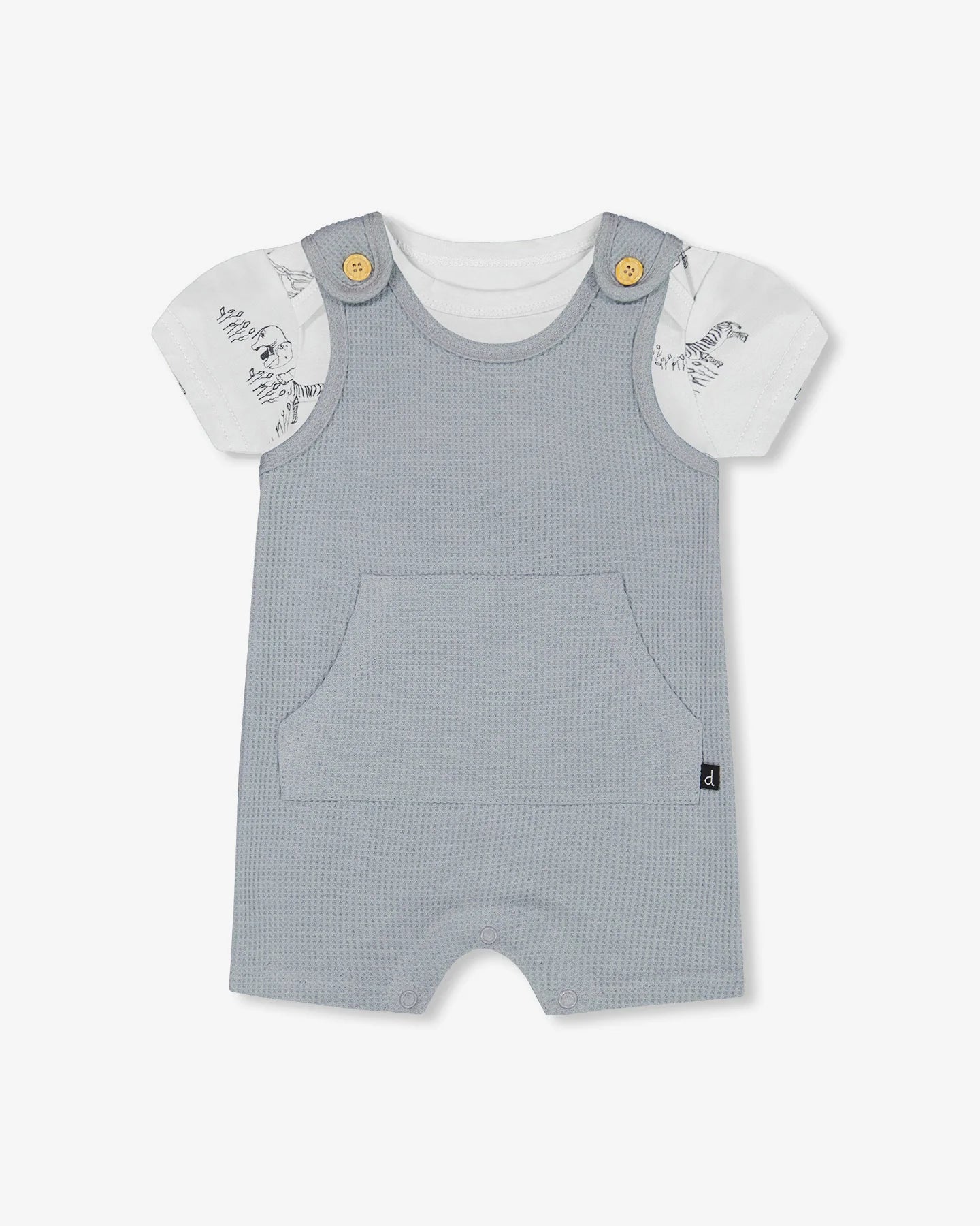 Ensemble Cache-Couche Et Salopette Gaufrée Bleu Gris En Coton Biologique