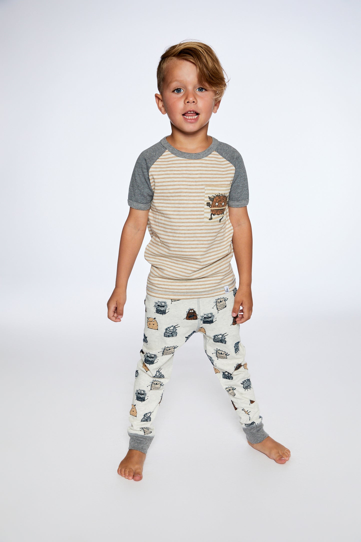 Ensemble Pyjama Deux-Pièces Beige Chiné Imprimé De Monstres En Coton Biologique