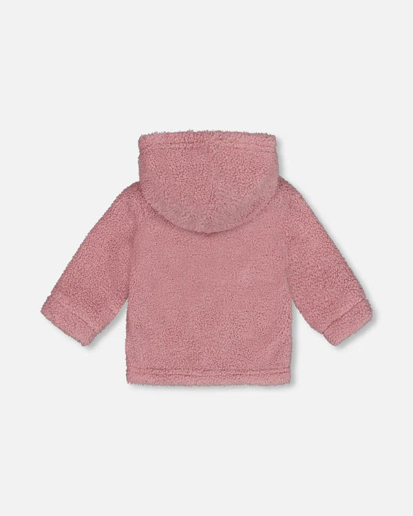 Veste zippée à capuchon en sherpa bois de rose avec doublure imprimée