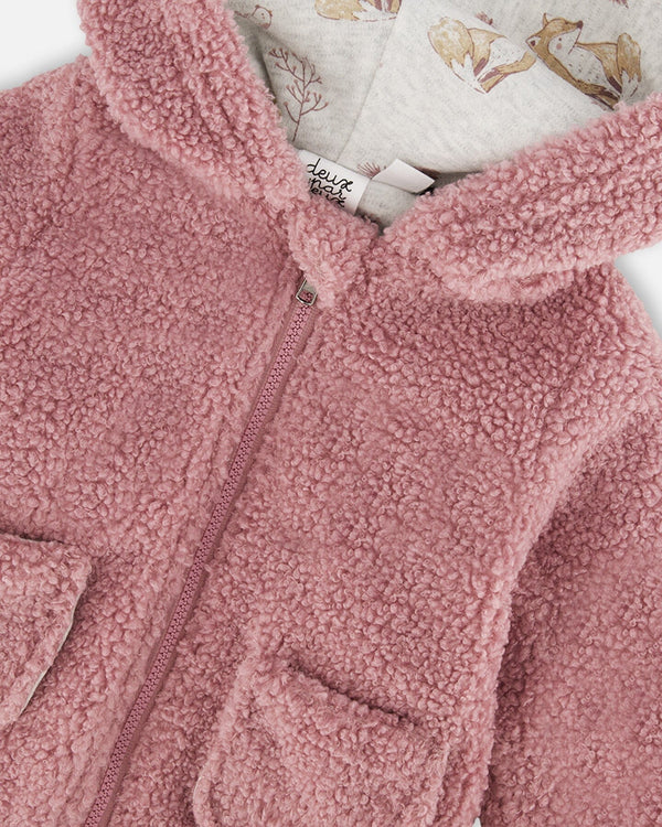 Veste zippée à capuchon en sherpa bois de rose avec doublure imprimée