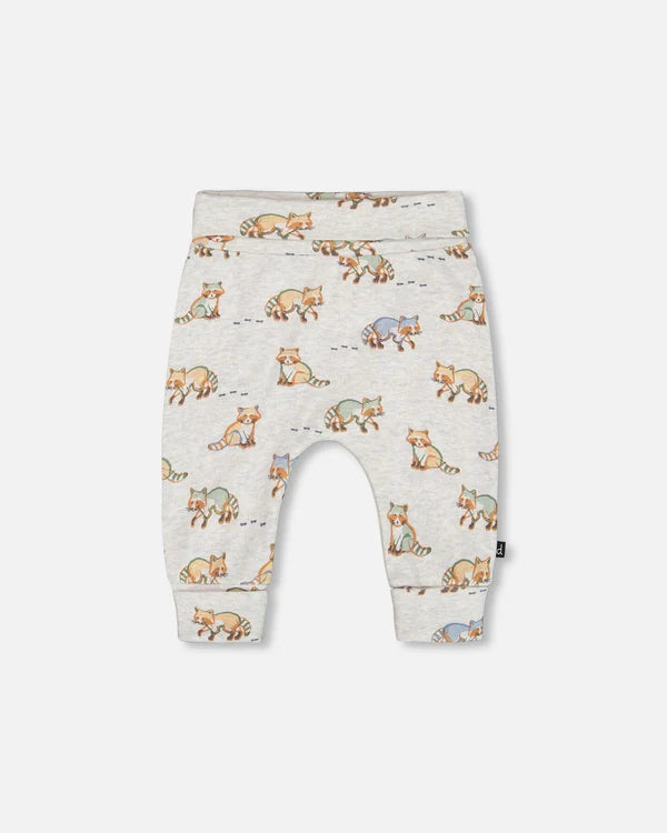 Pantalon évolutif beige chiné imprimé ratons-laveurs en coton biologique