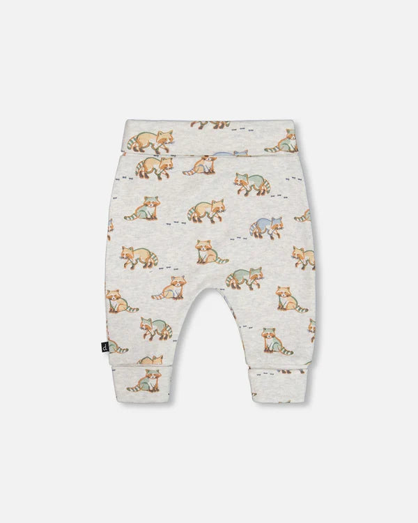 Pantalon évolutif beige chiné imprimé ratons-laveurs en coton biologique