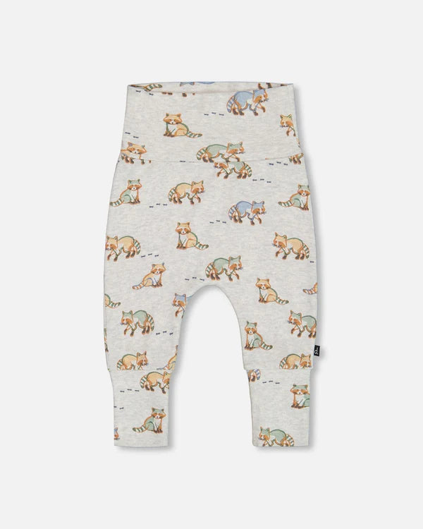 Pantalon évolutif beige chiné imprimé ratons-laveurs en coton biologique