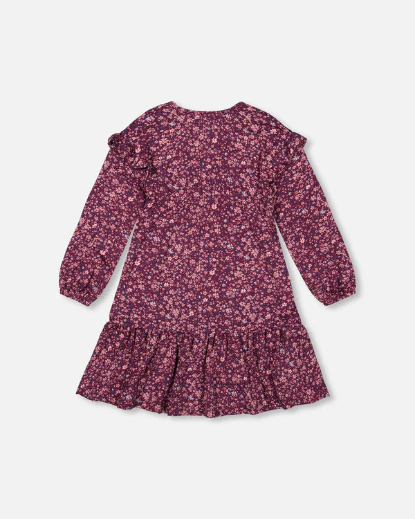 Robe à volants bordeaux imprimé petites fleurs