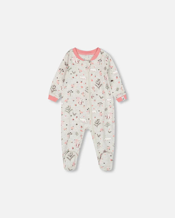 Pyjama une-pièce beige chiné imprimé écureuils en coton biologique