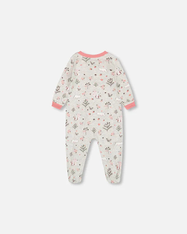 Pyjama une-pièce beige chiné imprimé écureuils en coton biologique