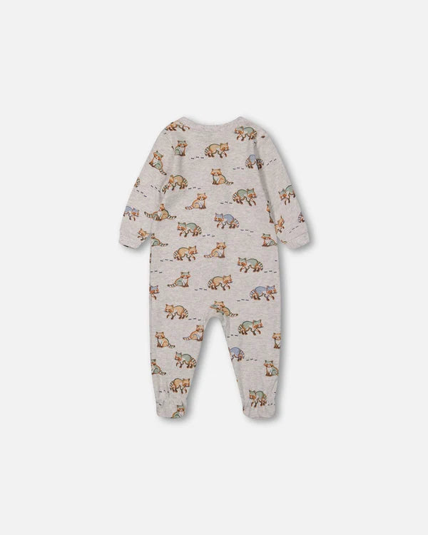 Pyjama une-pièce beige chiné imprimé ratons-laveurs en coton biologique
