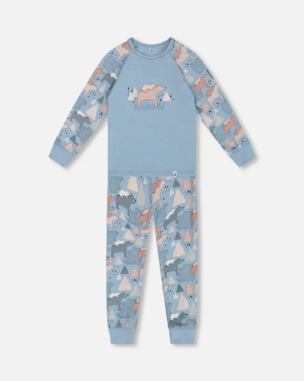 Ensemble pyjama 2-pièces bleu ciel imprimé mamans ours en coton biologique