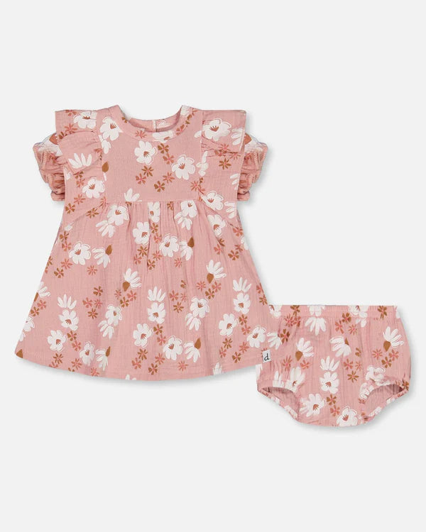 Ensemble robe et bloomer en mousseline rose à fleurs blanches