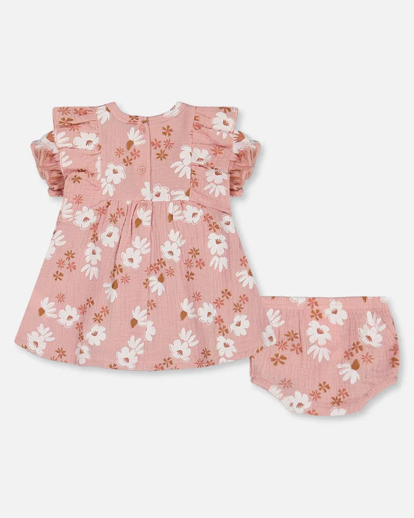 Ensemble robe et bloomer en mousseline rose à fleurs blanches