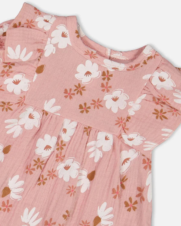 Ensemble robe et bloomer en mousseline rose à fleurs blanches
