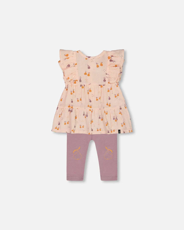 Ensemble tunique en mousseline pêche de poires et legging mauve