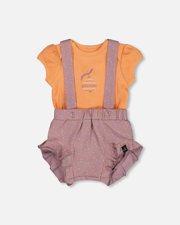 Ensemble cache-couche et salopette courte orange et mauve