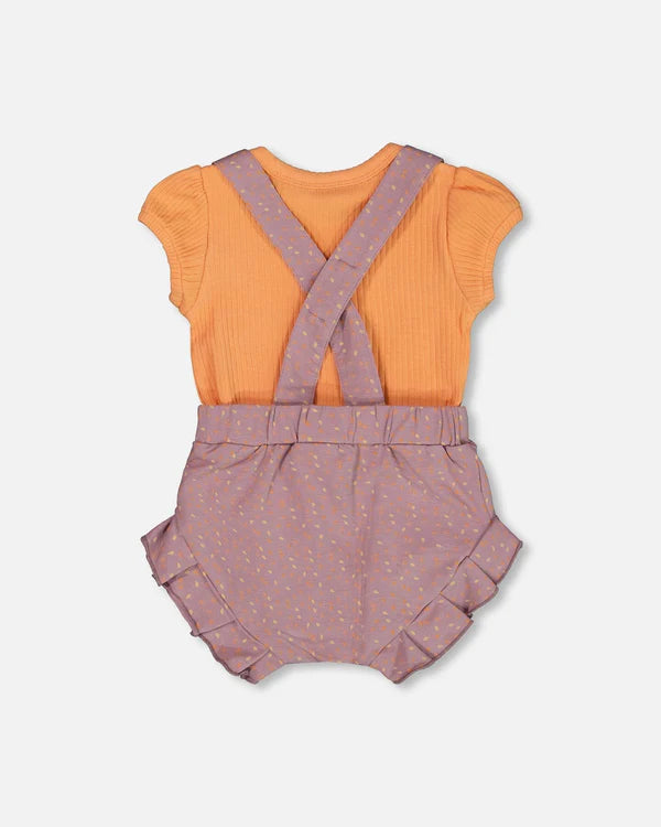 Ensemble cache-couche et salopette courte orange et mauve