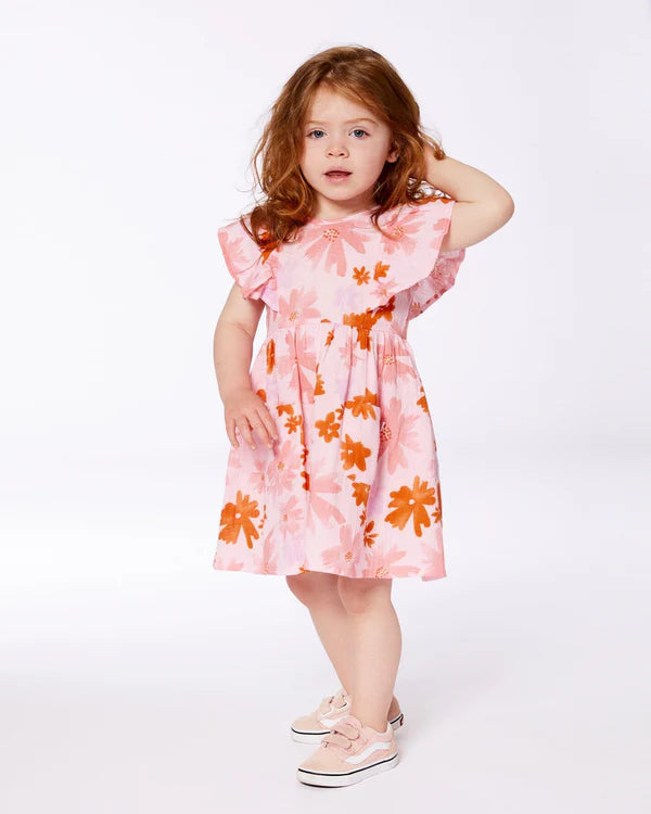 Robe en mousseline rose à fleurs corail