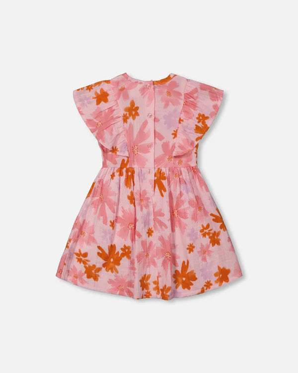 Robe en mousseline rose à fleurs corail