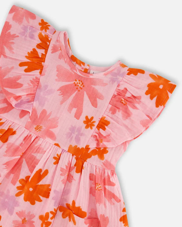 Robe en mousseline rose à fleurs corail