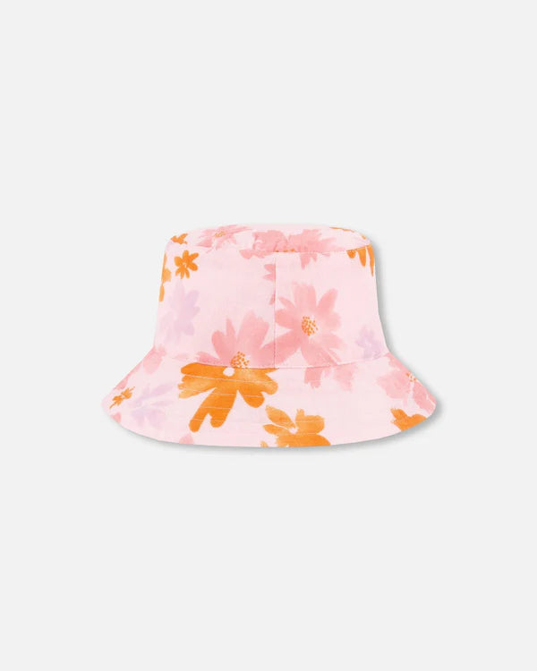 Chapeau cloche en mousseline imprimée rose à fleurs corail