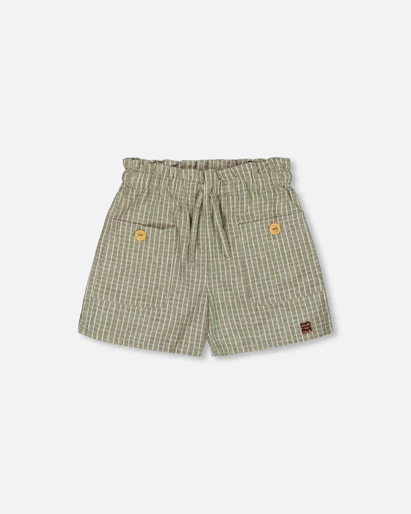 Short en lin rayé avec poches vert moyen et crème