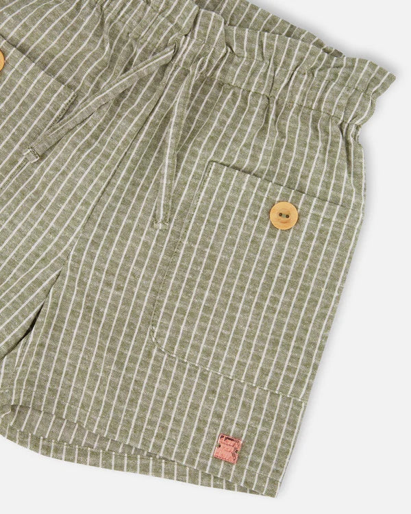 Short en lin rayé avec poches vert moyen et crème