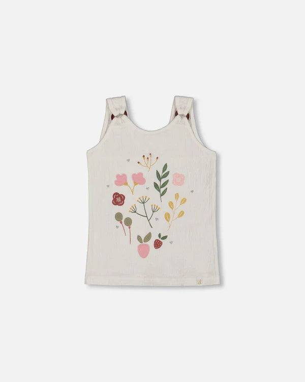 Camisole en jersey froissé imprimé à fleurs roses sur fond crème