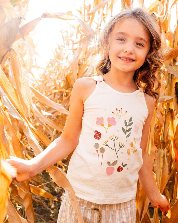 Camisole en jersey froissé imprimé à fleurs roses sur fond crème