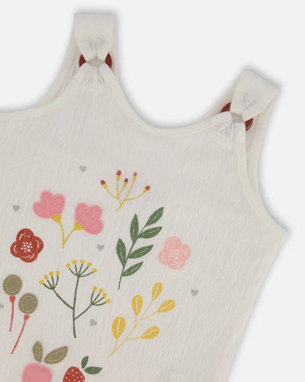 Camisole en jersey froissé imprimé à fleurs roses sur fond crème
