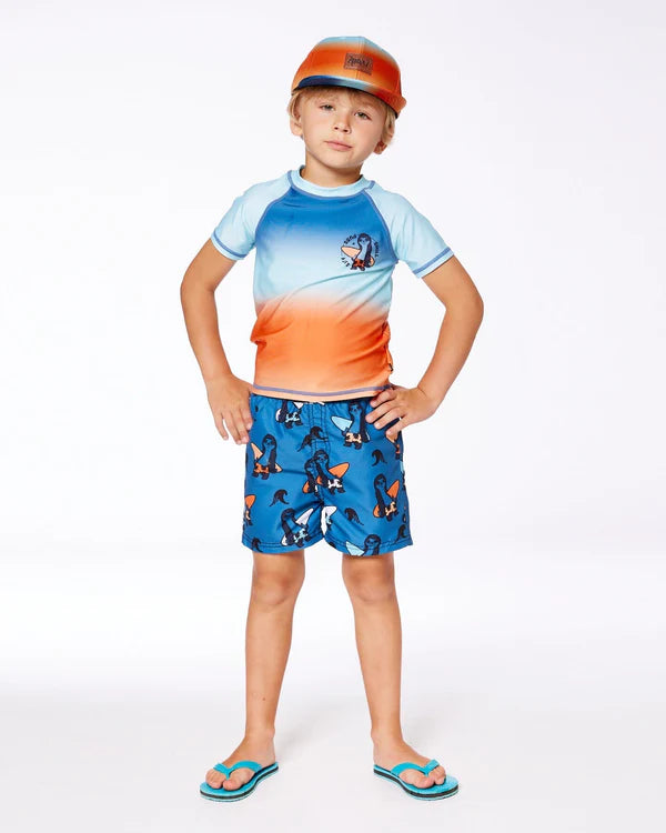 chandail maillot de bain à manches courtes bleu marine, turquoise et orange