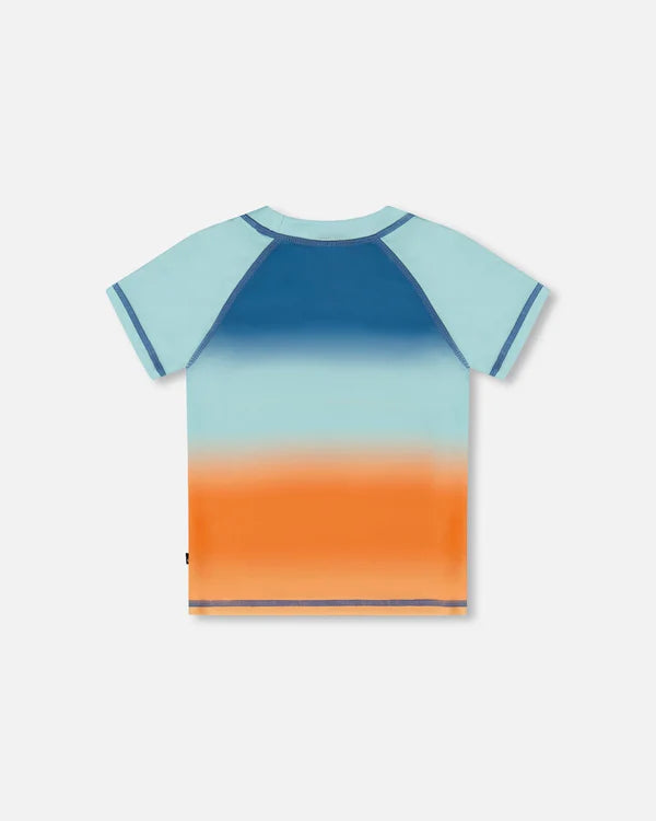chandail maillot de bain à manches courtes bleu marine, turquoise et orange