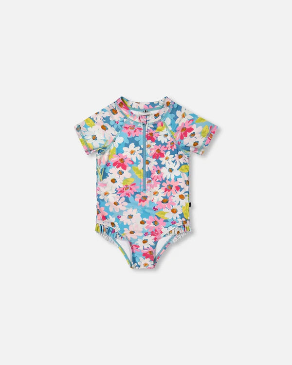 Maillot De Bain Une Pièce à Fleurs Blanches, Roses Et Vertes