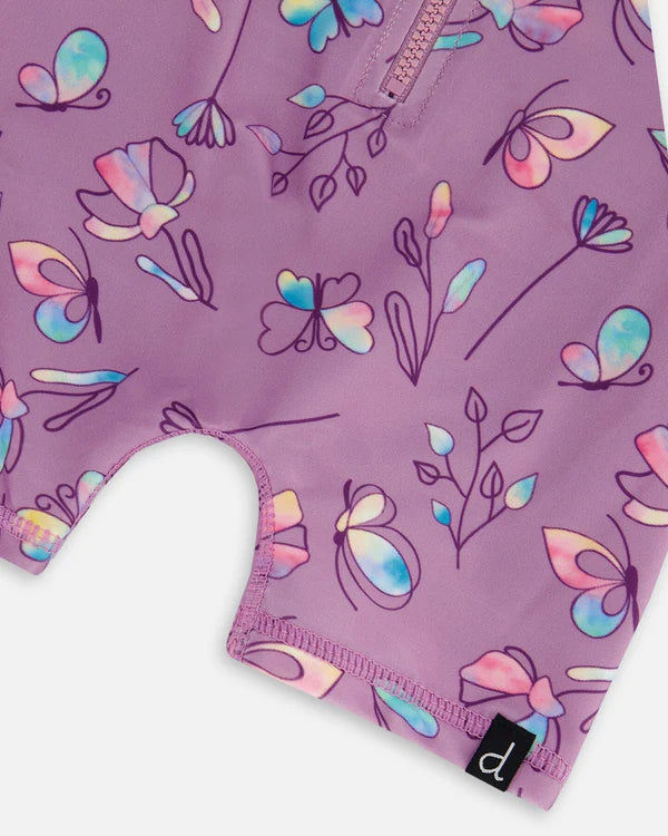 Maillot une-pièce mauve avec papillons multicolores