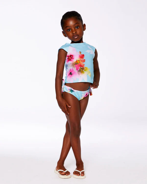 Maillot de bain deux-pièces imprimé turquoise avec fleurs roses