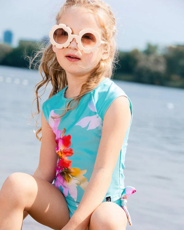 Maillot de bain deux-pièces imprimé turquoise avec fleurs roses