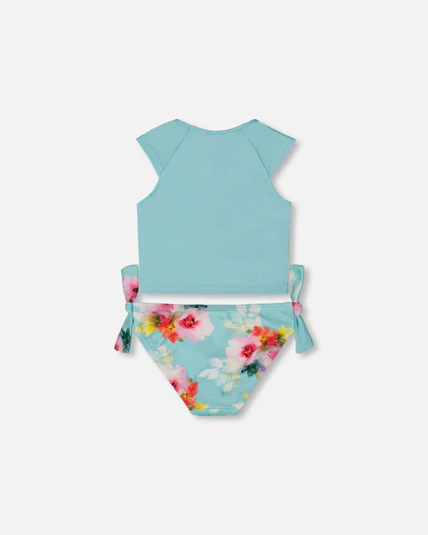 Maillot de bain deux-pièces imprimé turquoise avec fleurs roses