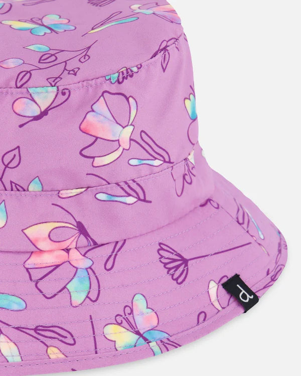 Chapeau de plage imprimé vieux mauve avec papillons multicolores