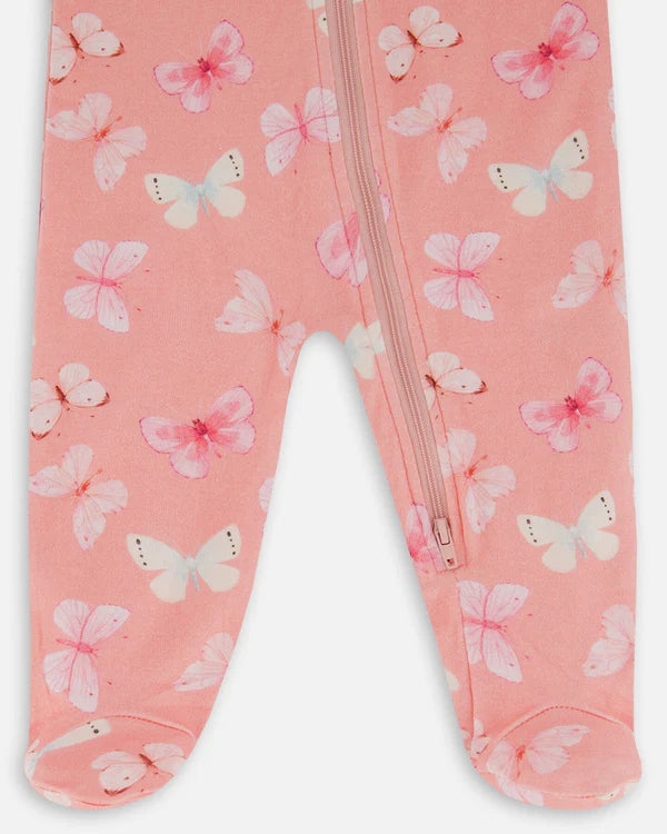 Pyjama une pièce papillons sur fond vieux rose