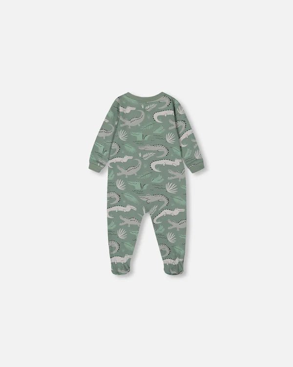 Pyjama une pièce crocodiles gris sur fond sauge