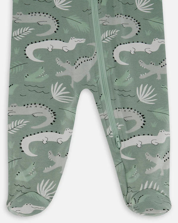 Pyjama une pièce crocodiles gris sur fond sauge