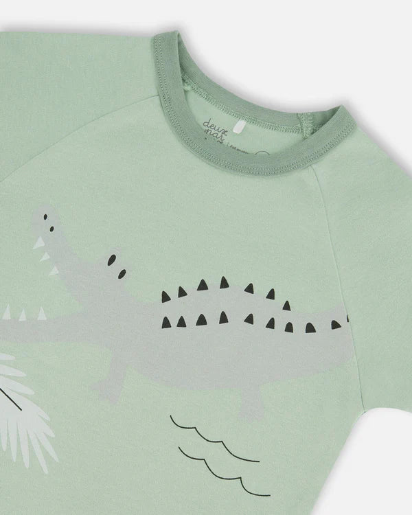 Pyjama deux pièces manches courtes et short imprimés crocodiles sauge