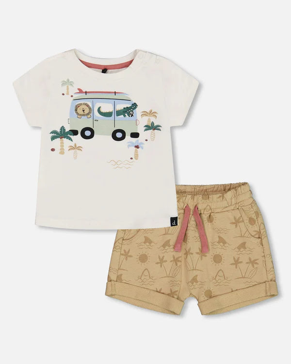 Ensemble haut à manches courtes et short en molleton beige avec palmiers et camion bleu
