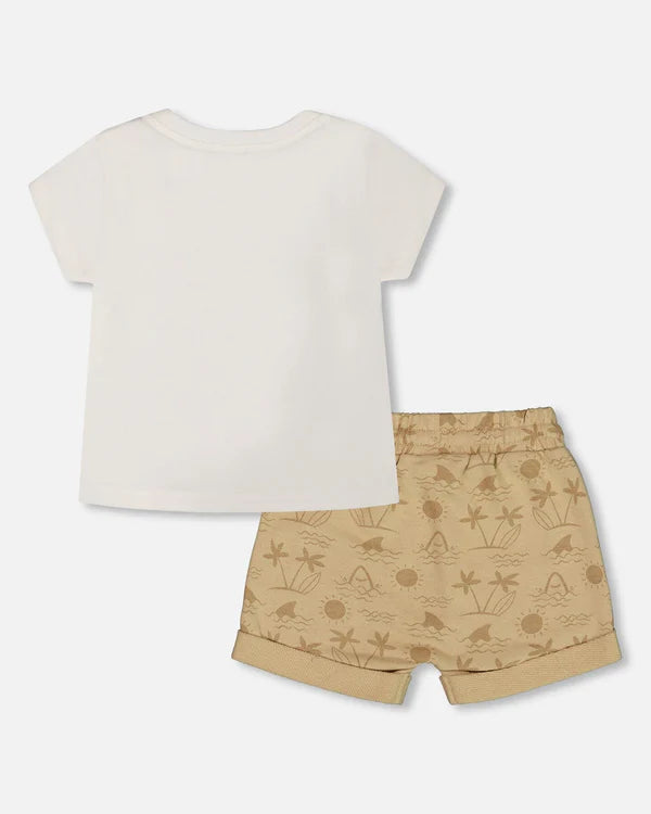 Ensemble haut à manches courtes et short en molleton beige avec palmiers et camion bleu